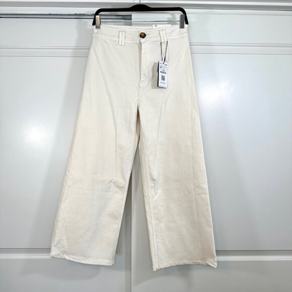 Stradivarius Ivory/Beige Twill Wide Leg Pants Culotte - NEW - Picture 3 of 11